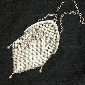 Antique Silver Mesh Coin Purse Dance Bag 1920's Flapper Style Blue Glass J755